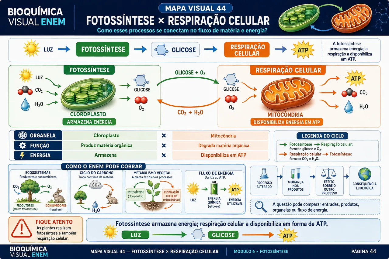 Mapa visual de Bioquímica sobre fotossíntese e respiração celular integradas